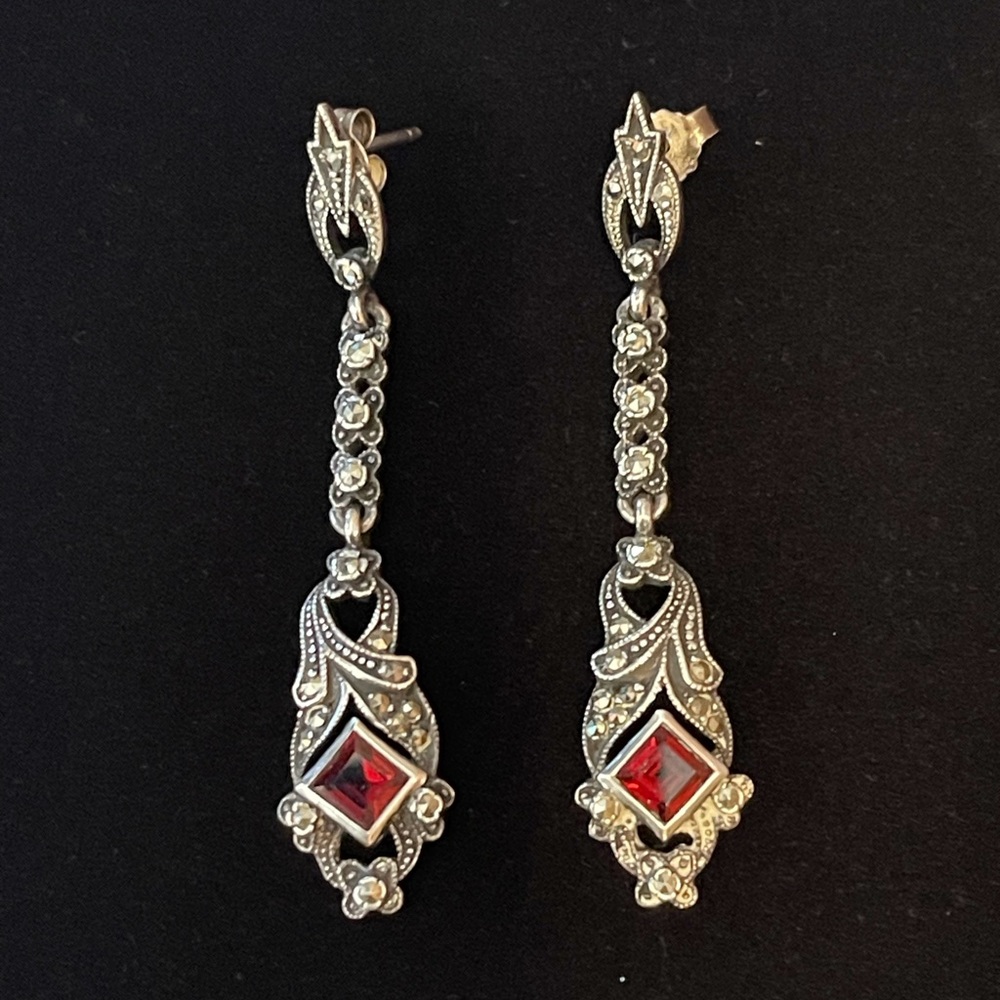 Vintage 80s Art Deco Revival Sterling Silver Dangle Earrings w Garnets/ Pierced